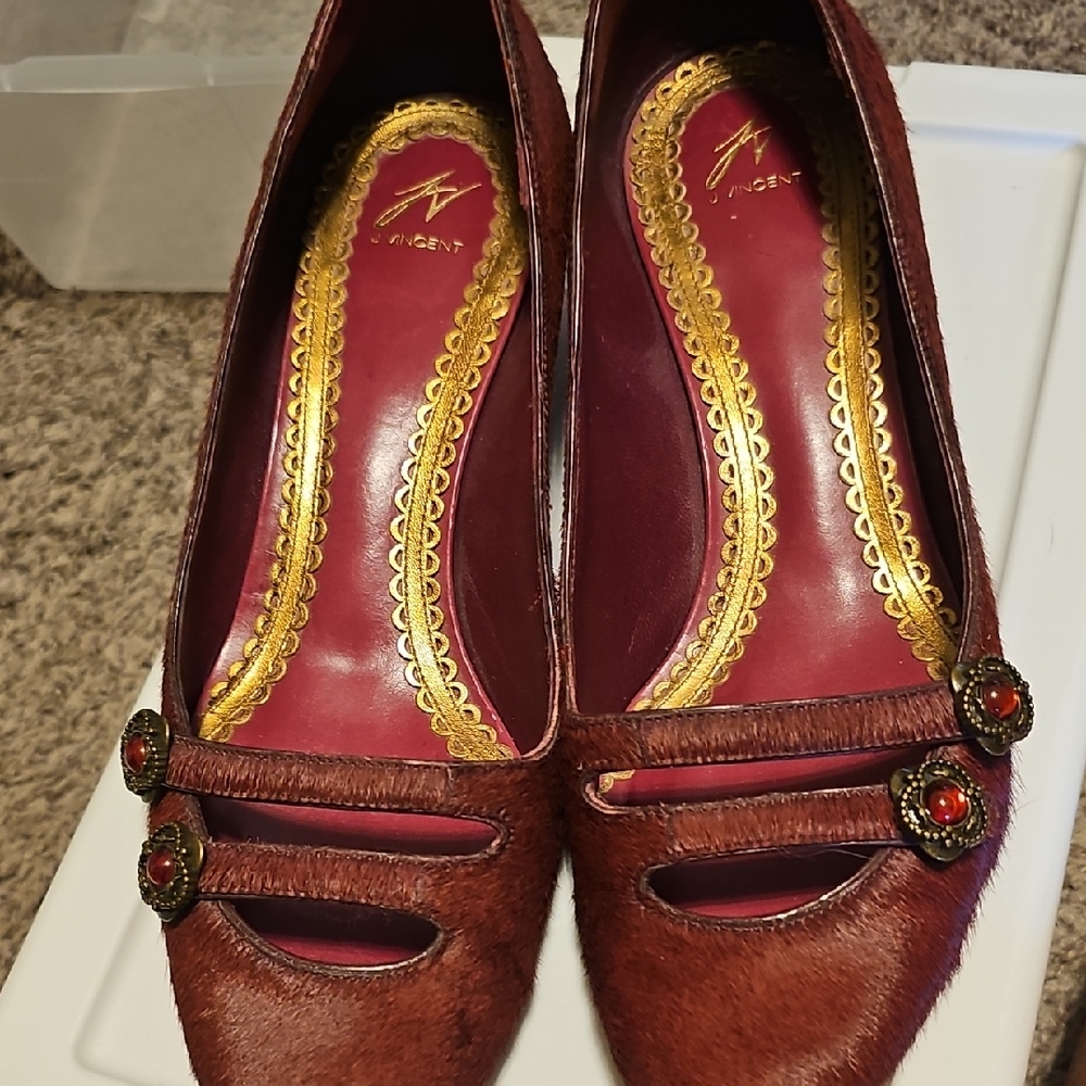 J Vincent Pony Hair Kitty Heels with Gold Accents